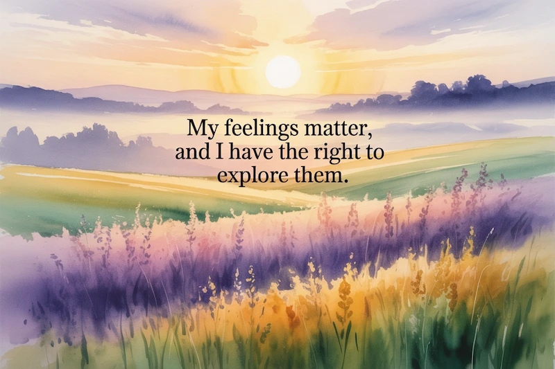 Watercolor painting of a meadow with the words "My feelings matter and I have the right to explore them"