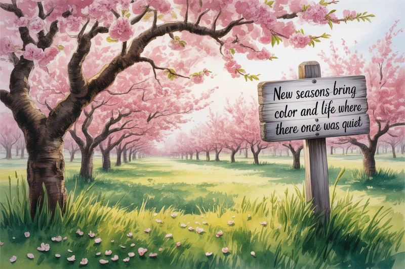 Pink blossoms and a weathered wooden sign saying “New seasons bring color where there once was quiet”