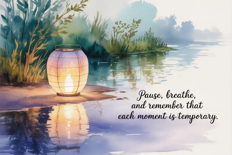 Lantern sitting next to water with the text Pause, breathe and remember each moment is temporary