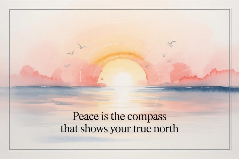 Watercolor painting of a sunrise with the words "Peace is the compass that shows your true north."