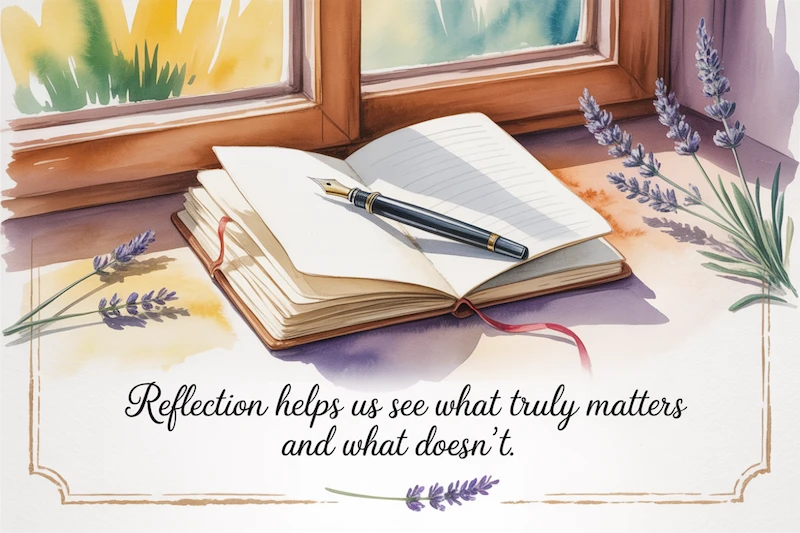 Open book and pen with the text Reflection helps us see what truly matters and what doesn't