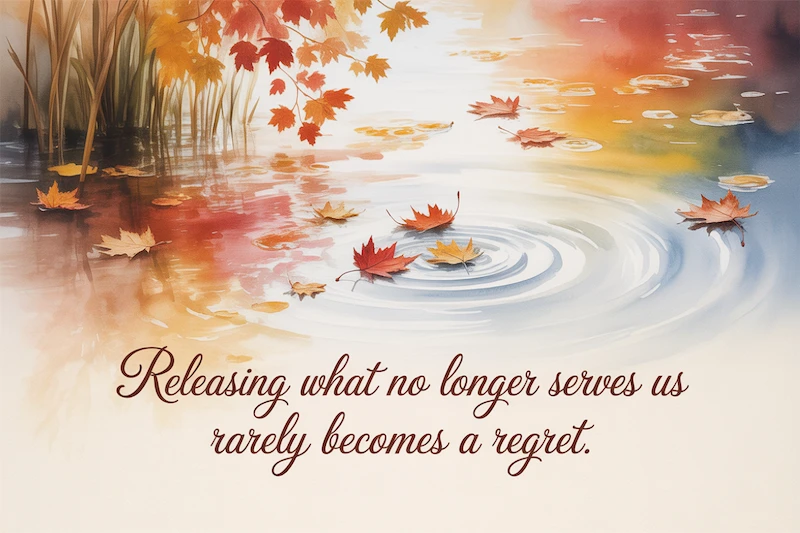 Autumn leaves on the water with the quote 'Releasing what no longer serves us barely becomes a regret'