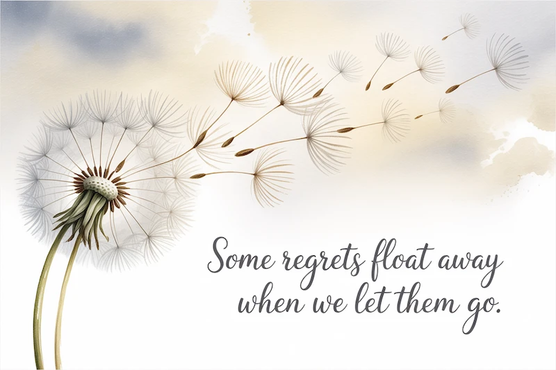 Dandelion blowing in the breeze with the text 'Some regrets float on when we let them go'