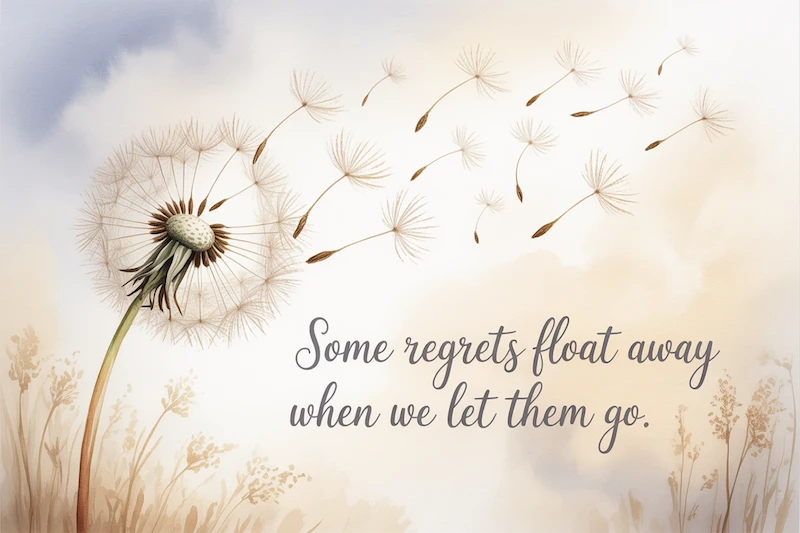 Dandelion blowing in the breeze with the text 'Some regrets float on when we let them go'
