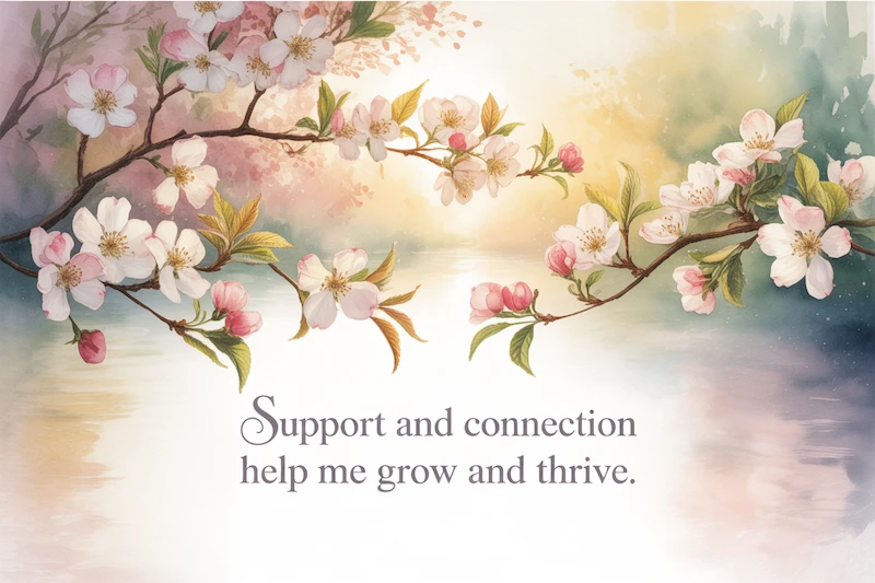 Pink blossom with the text Support and connection help me grow and thrive