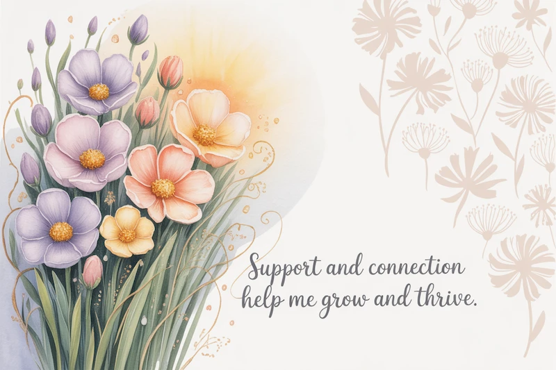Pink blossom with the text Support and connection help me grow and thrive