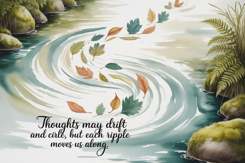 Leaves on the water with the text 'Thoughts may drift and circle, but each ripple moves us along'