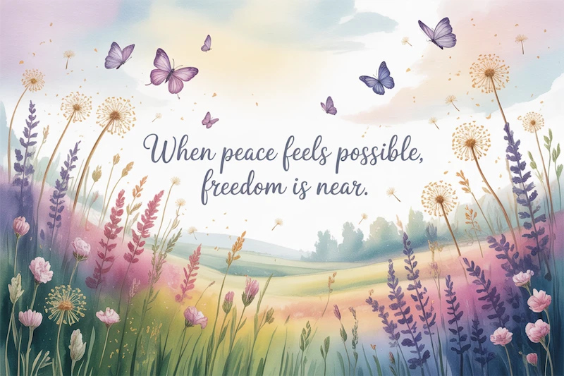 Watercolor meadow with butterflies lifting into a soft sky.
Caption: “When peace feels possible, freedom is near.”